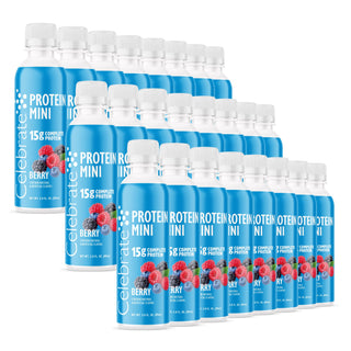 Více lahviček Celebrate Protein Mini Berry na bílém pozadí