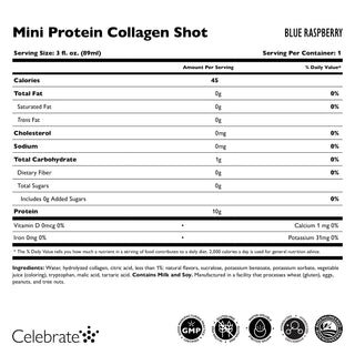 Nutriční štítek pro Mini Protein Collagen Shot s příchutí modré maliny, včetně velikosti porce, kalorií a ingrediencí.